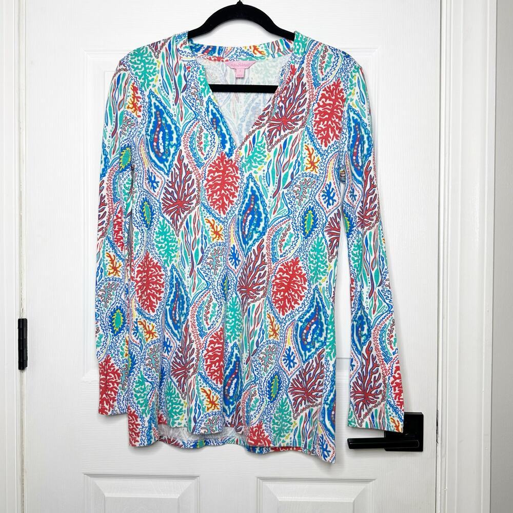 Lilly Pulitzer Size Small V-Neck‎ Long Sleeve Tunic Vibrant Coral Reef Print